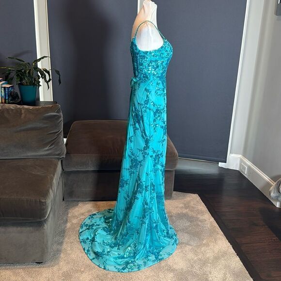 Women’s Blue Mermaid Fit Prom Party Dress Sparkly Sequins Leg Slit Size 2 NEW - Picture 3 of 11